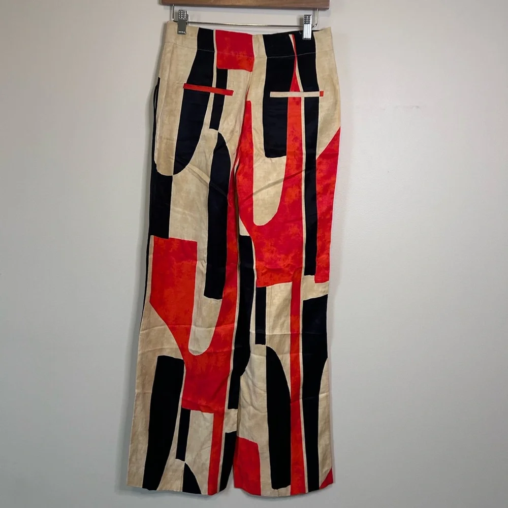 Zara Retro Colorblock Red Black Linen Blend High Waisted Wide Leg Pants Size XS